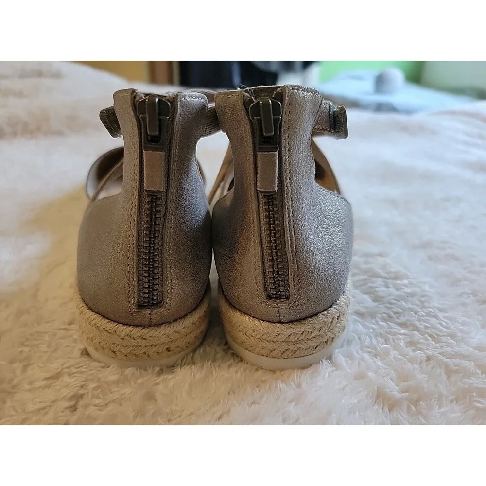 EILEEN FISHER Bisa Metallic Ankle Strap Zipper Back Flat Espadrille Shoes Sz 9.5